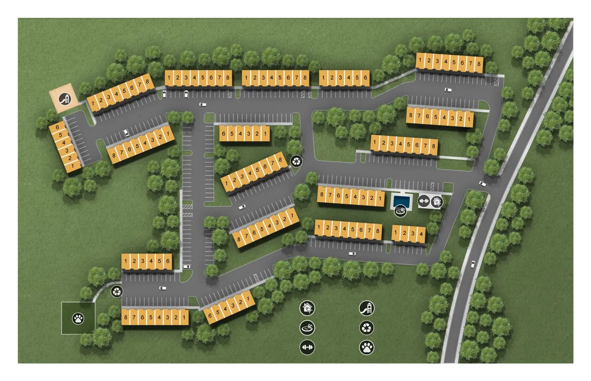 This exterior scene displays the apartment buildings surrounded by green areas, with visible parking spaces and convenient access ways. The area is designed for family gatherings, outdoor activities, and morning walks, suggesting a vibrant, neighborly atmosphere.